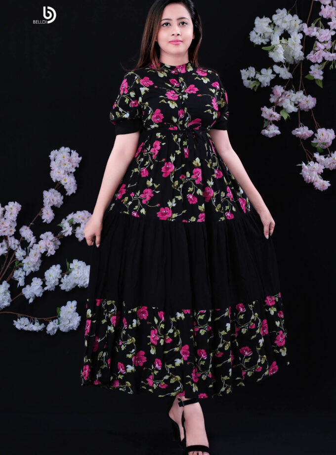 Puff Sleeve Front Button Long Dress