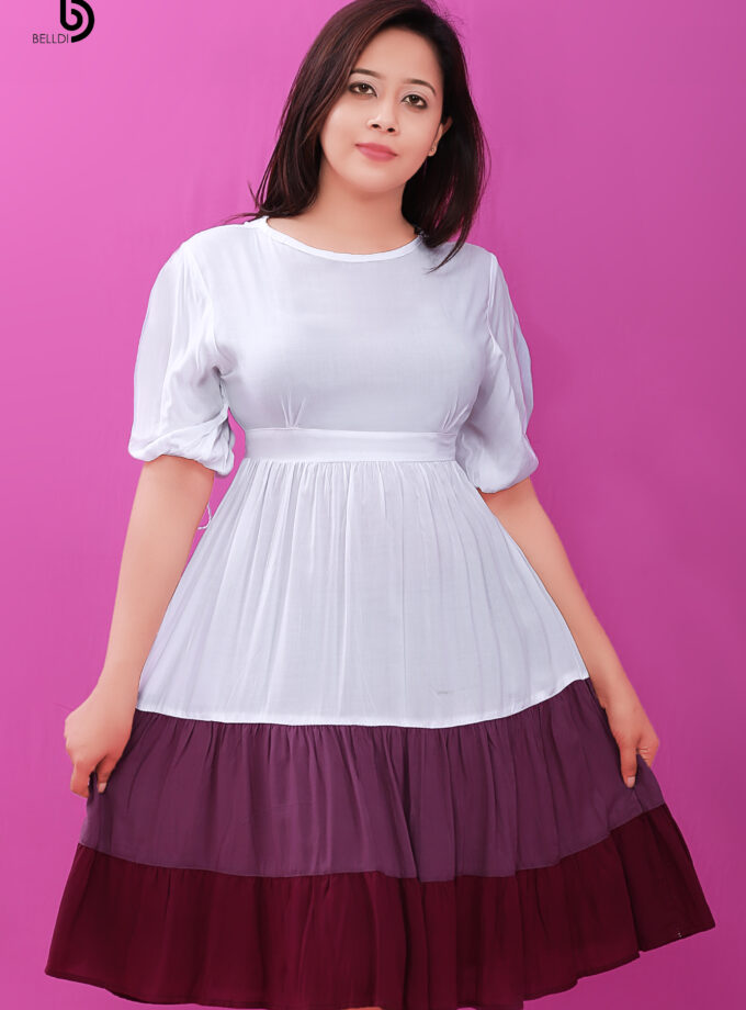 Three Tone Puff Sleeve Short Dress