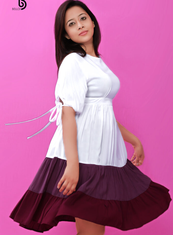 Three Tone Puff Sleeve Short Dress