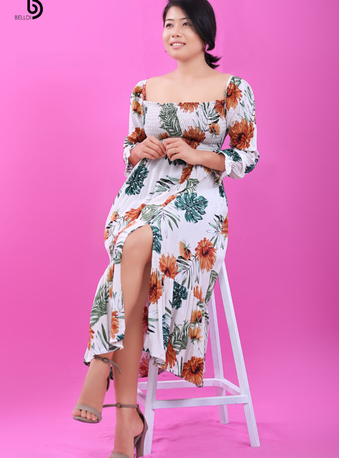 Floral Long Puff Sleeve Smoked Dress