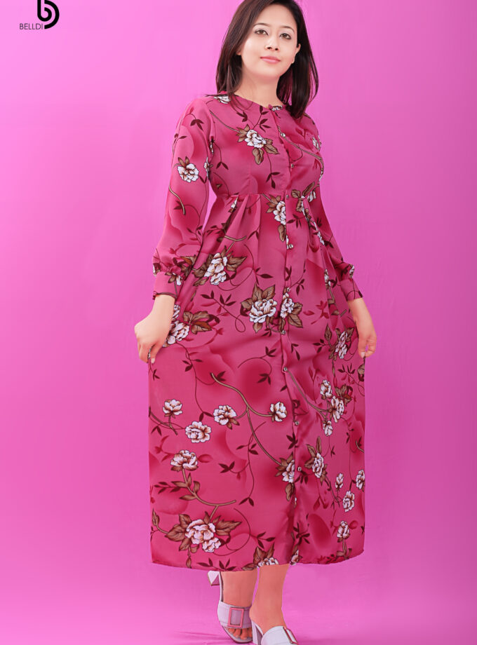 Bishop Sleeve Front Button Long Dress