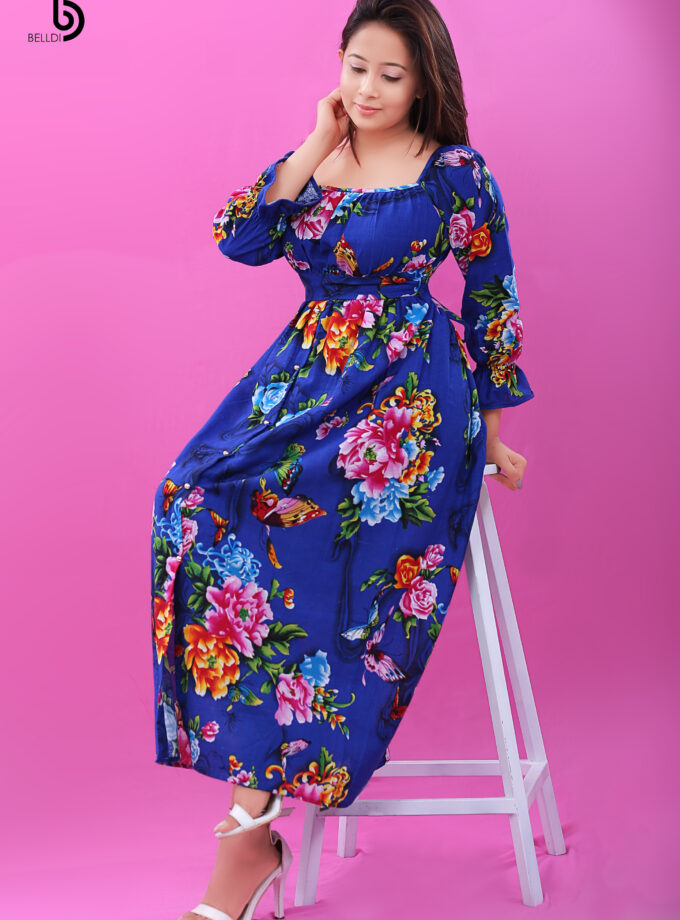 Flounce Sleeve Front Skirt Button Long Dress
