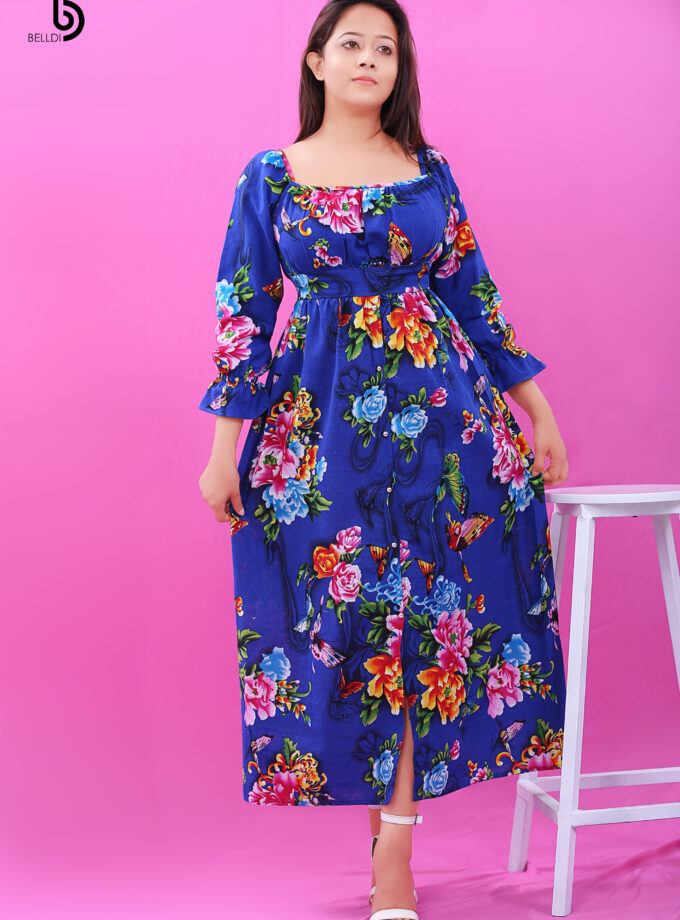 Flounce Sleeve Front Skirt Button Long Dress