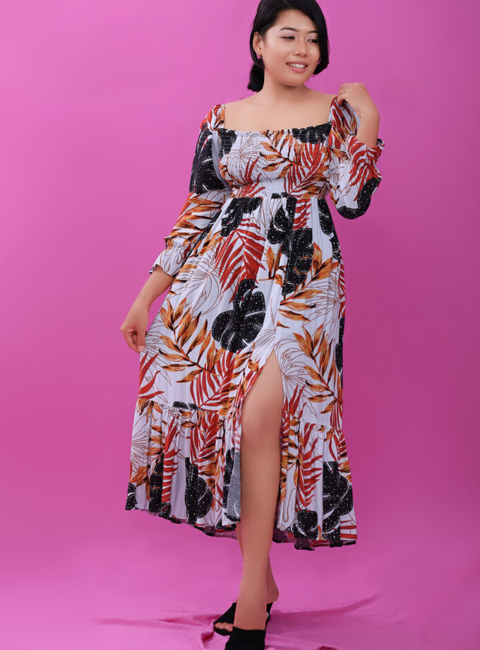 FLORAL LONG PUFF SLEEVE SMOKED DRESS