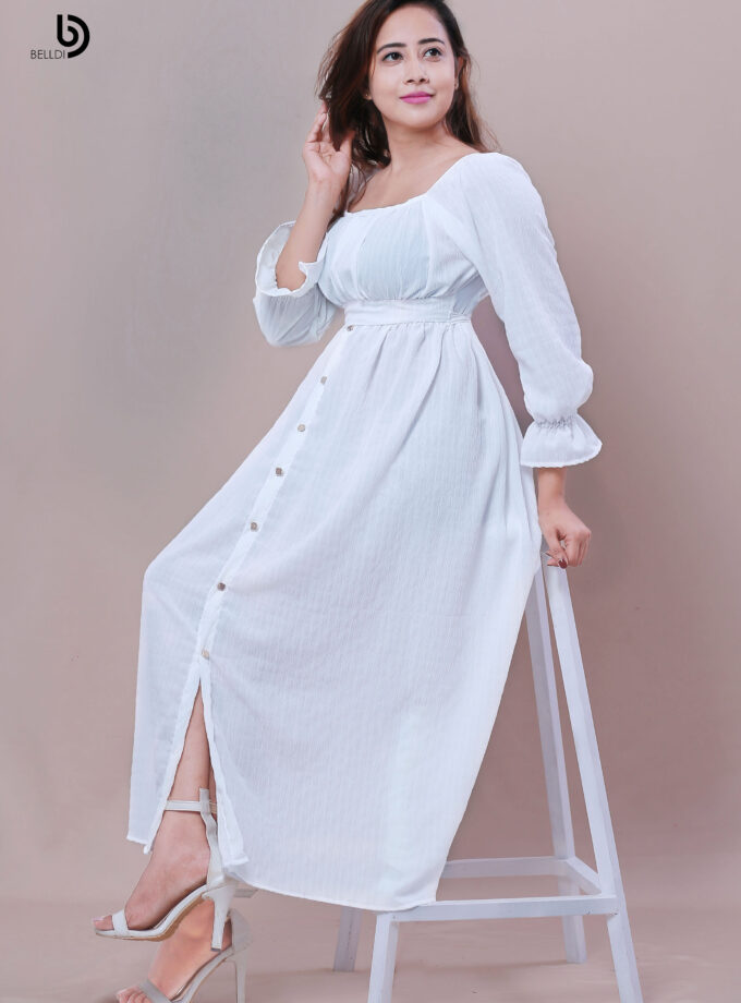 FLOUNCE SLEEVE FRONT SKIRT BUTTON LONG DRESS