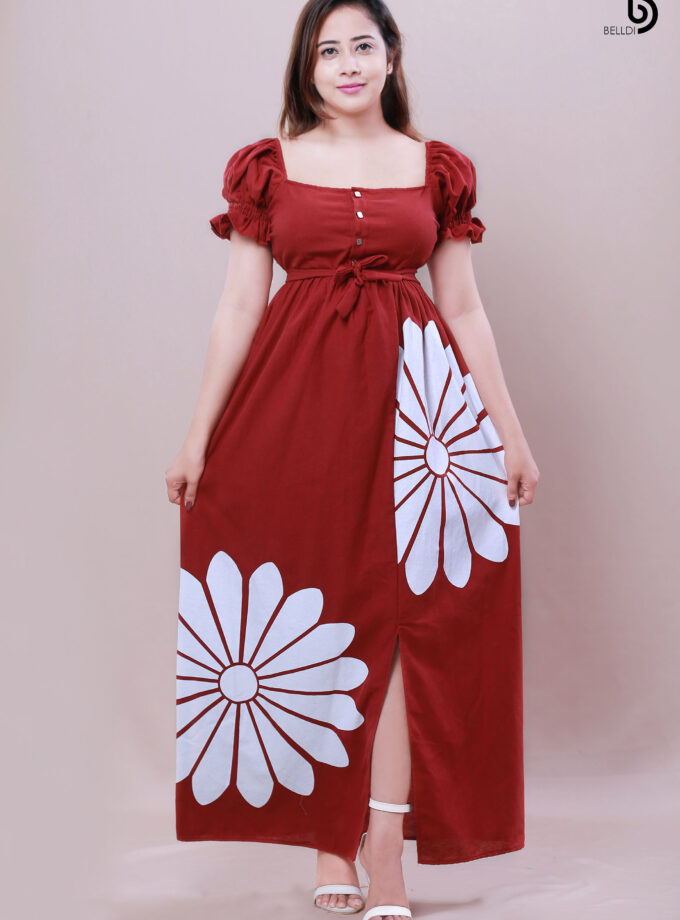 PUFF SLEEVE PRINTED LONG DRESS