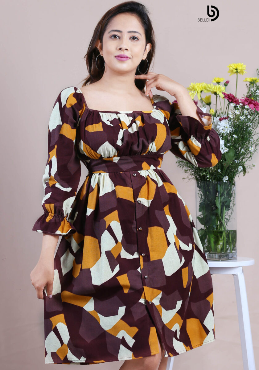 FLOUNCE SLEEVE FRONT SKIRT BUTTON SHORT DRESS