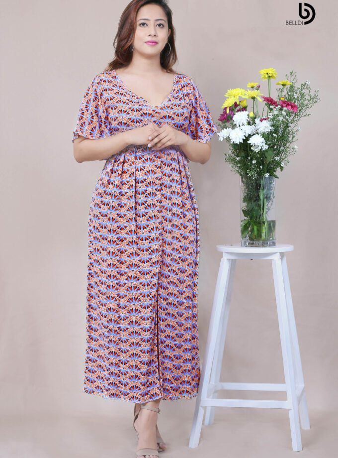 V-NECK BUTTERFLY SLEEVE LONG DRESS
