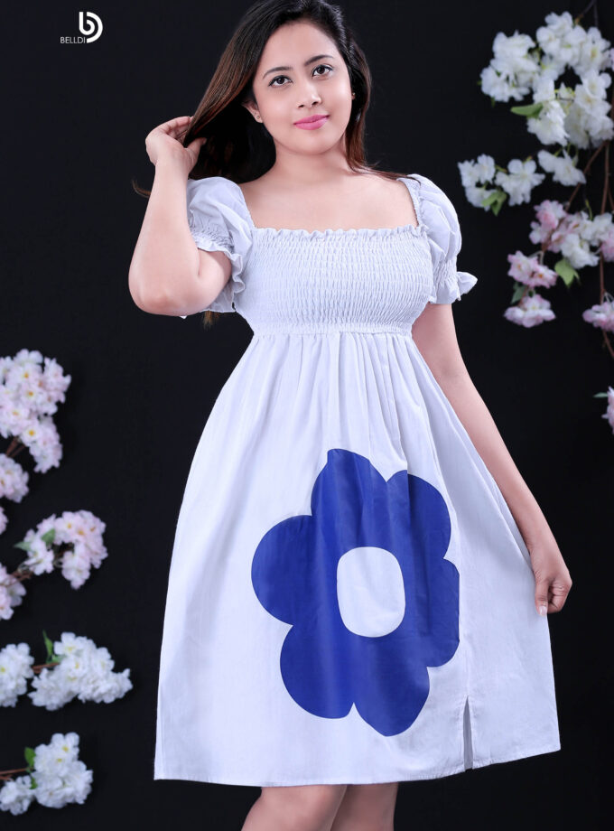 PUFF SLEEVE SMOKED PRINTED SHORT DRESS