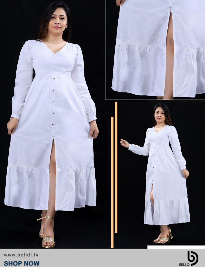 BISHOP SLEEVE CROSS NECK WHITE LONG DRESS