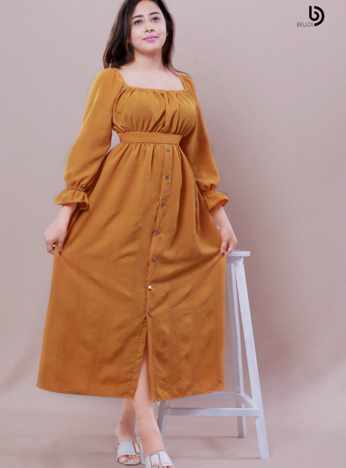 FLOUNCE SLEEVE FRONT SKIRT BUTTON LONG DRESS