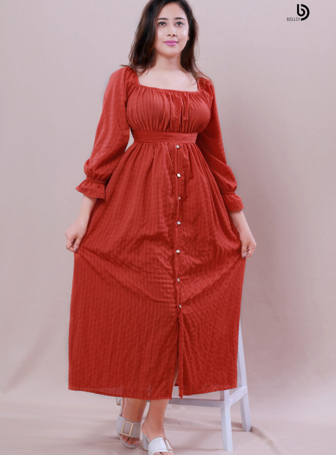 FLOUNCE SLEEVE FRONT SKIRT BUTTON LONG DRESS