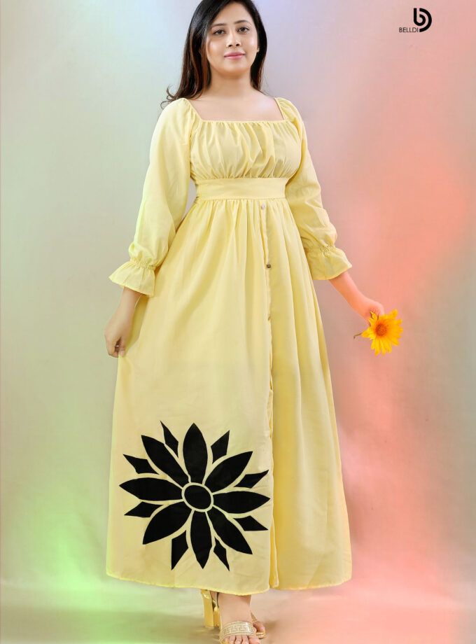 FLOUNCE SLEEVE FRONT SKIRT BUTTON PRINTED LONG DRESS