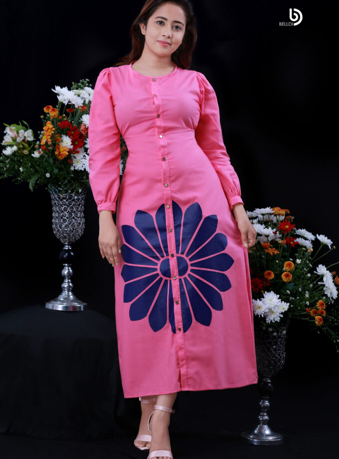 CUFF SLEEVE FRONT OPEN A -LINE PRINTED LONG DRESS