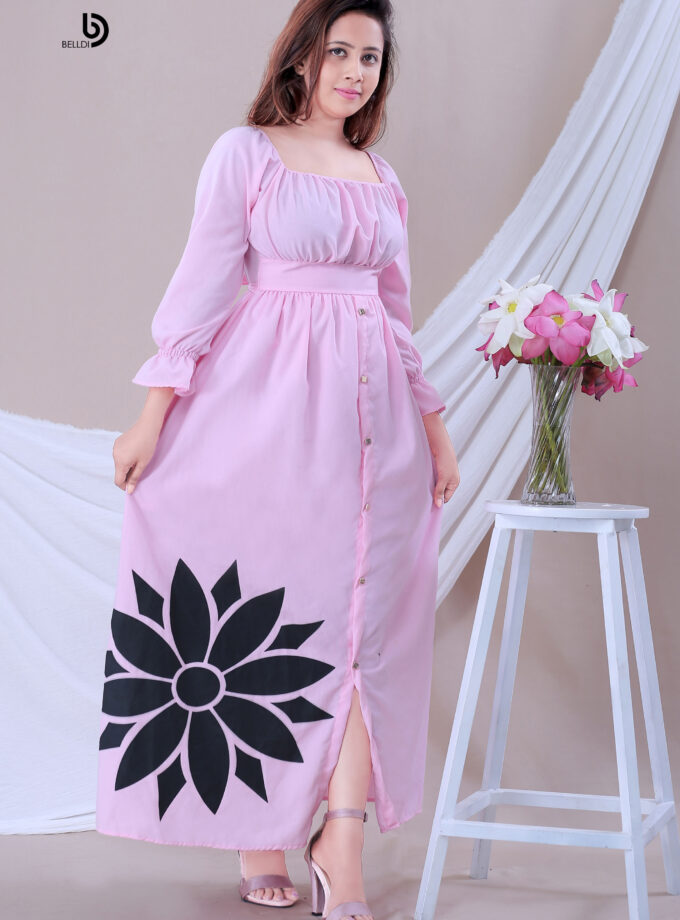 FLOUNCE SLEEVE FRONT SKIRT BUTTON PRINTED LONG DRESS