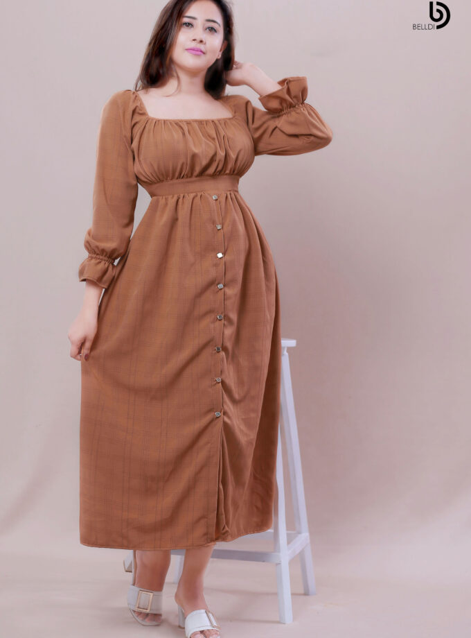 FLOUNCE SLEEVE FRONT SKIRT BUTTON LONG DRESS