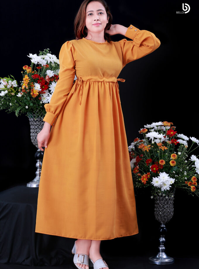 CUFFED SHIRT SLEEVE JEWEL NECK LONG DRESS