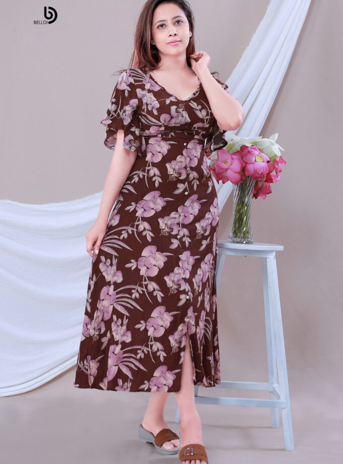 BUTTERFLY SLEEVE V -NECK LONG DRESS