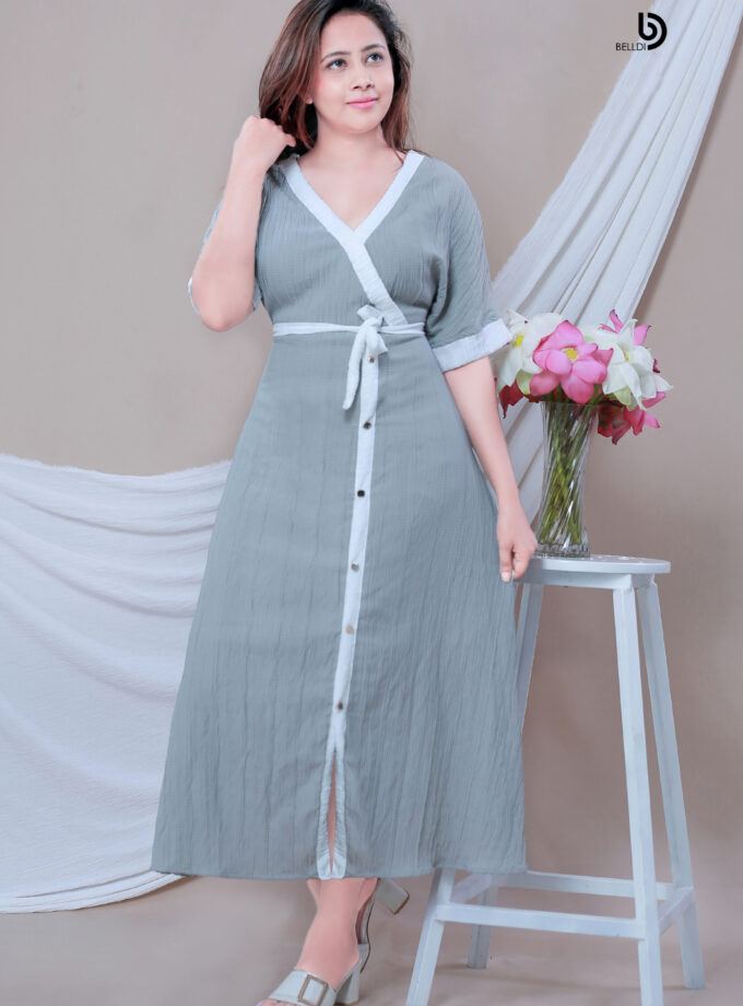 CROSS NECK FRONT BUTTON SHORT SLEEVE LONG DRESS