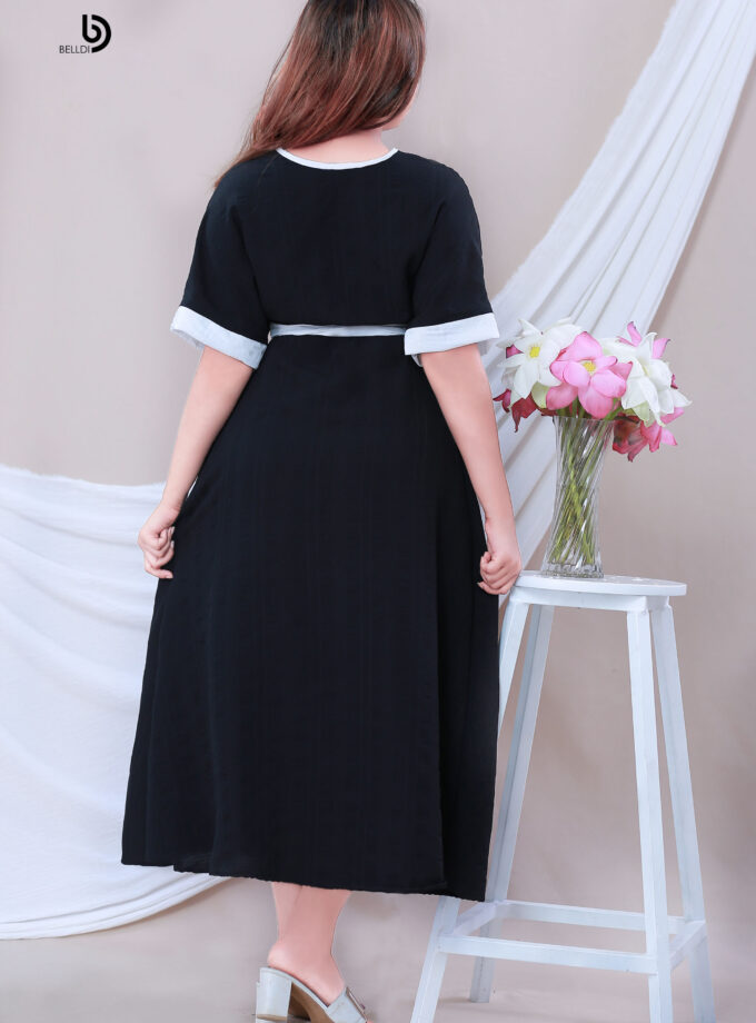 CROSS NECK FRONT BUTTON SHORT SLEEVE LONG DRESS