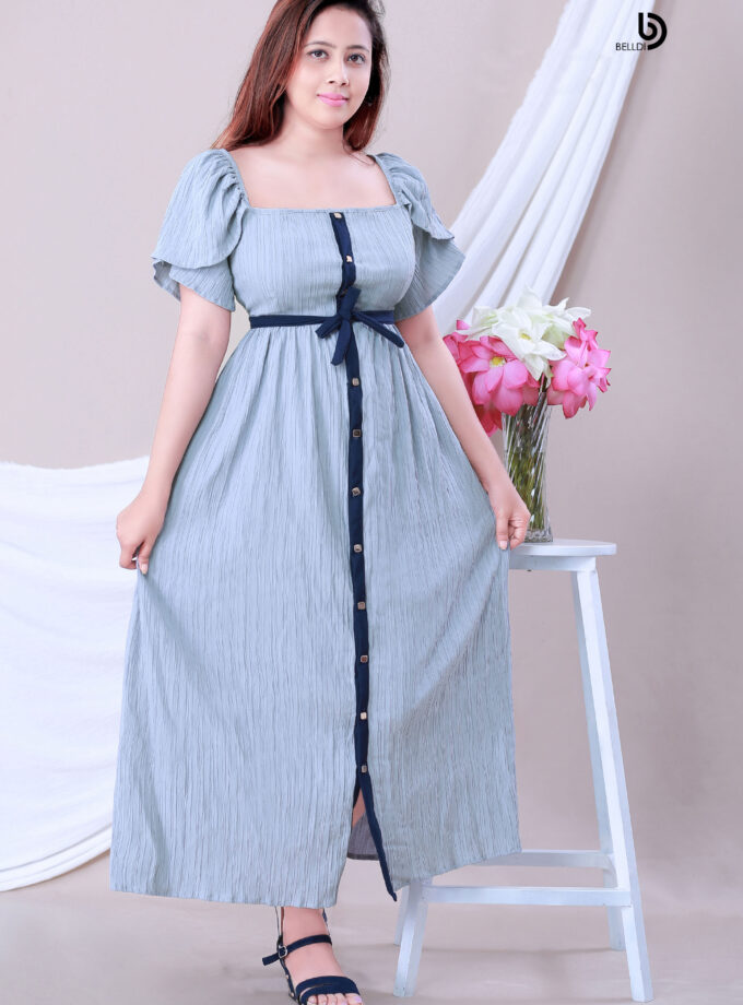 BUTTERFLY SLEEVE FRONT BUTTON LONG DRESS