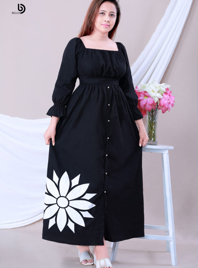 FLOUNCE SLEEVE FRONT SKIRT BUTTON PRINTED LONG DRESS