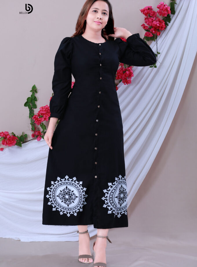 CUFF SLEEVE FRONT OPEN A -LINE PRINTED LONG DRESS