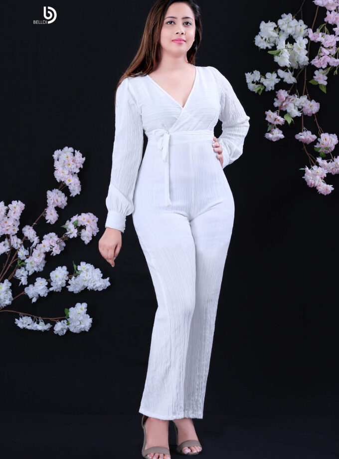 LONG CUFF SLEEVE CROSS NECK JUMPSUIT