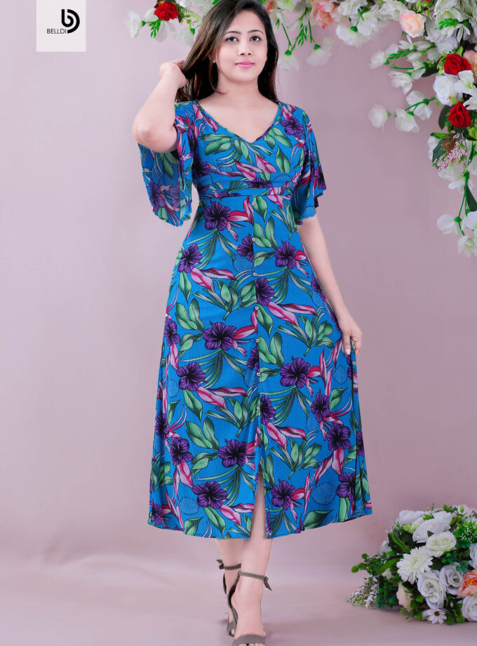 BUTTERFLY SLEEVE V -NECK LONG DRESS