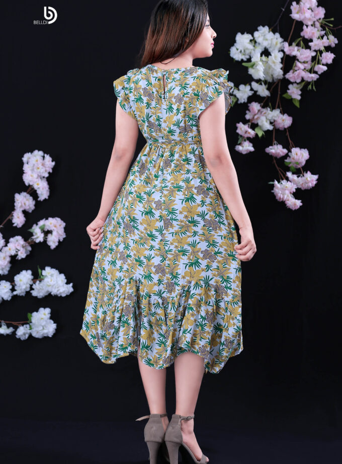 DOUBLE SIDE FRILL LONG FLORAL DRESS