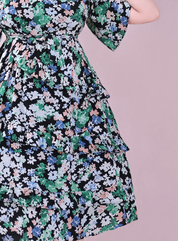 FLORAL SHORT SLEEVE V -NECK SHORT DRESS