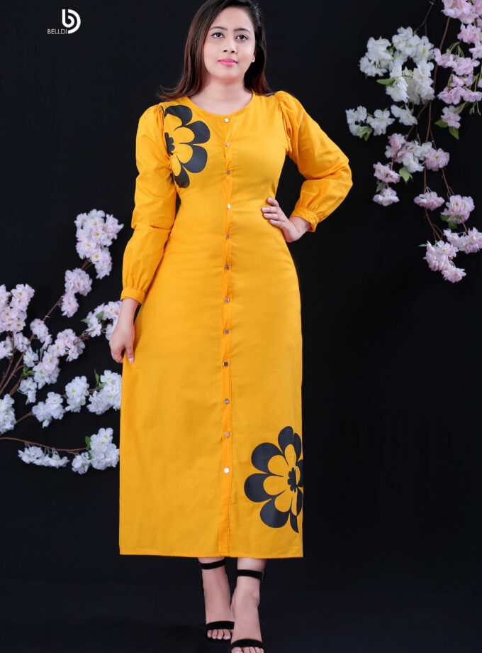 CUFF SLEEVE FRONT OPEN A -LINE PRINTED LONG DRESS