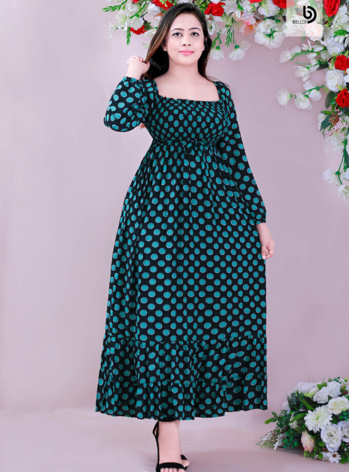 POLKA DOTS SMOKED LONG SLEEVE LONG DRESS