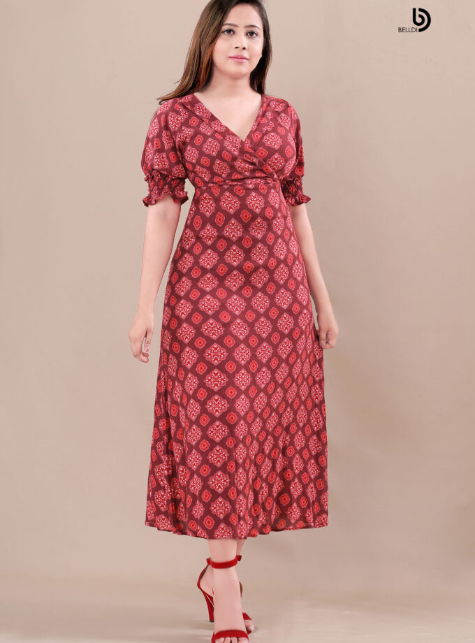 CROSS NECK SHORT SLEEVE LONG DRESS