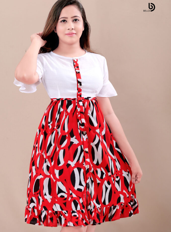 FRONT BUTTON FLOUNCE SLEEVE SHORT DRESS