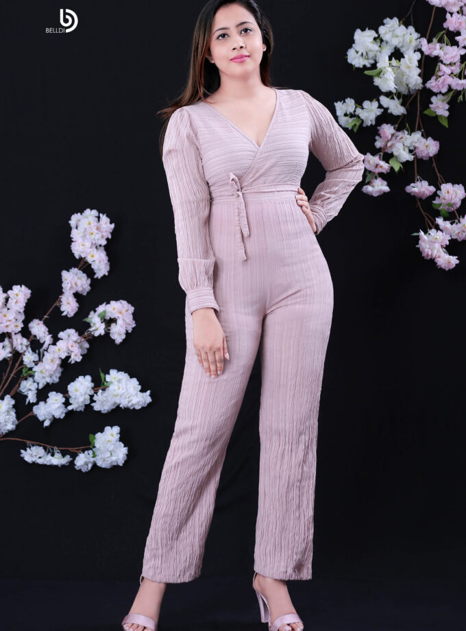 LONG CUFF SLEEVE CROSS NECK JUMPSUIT