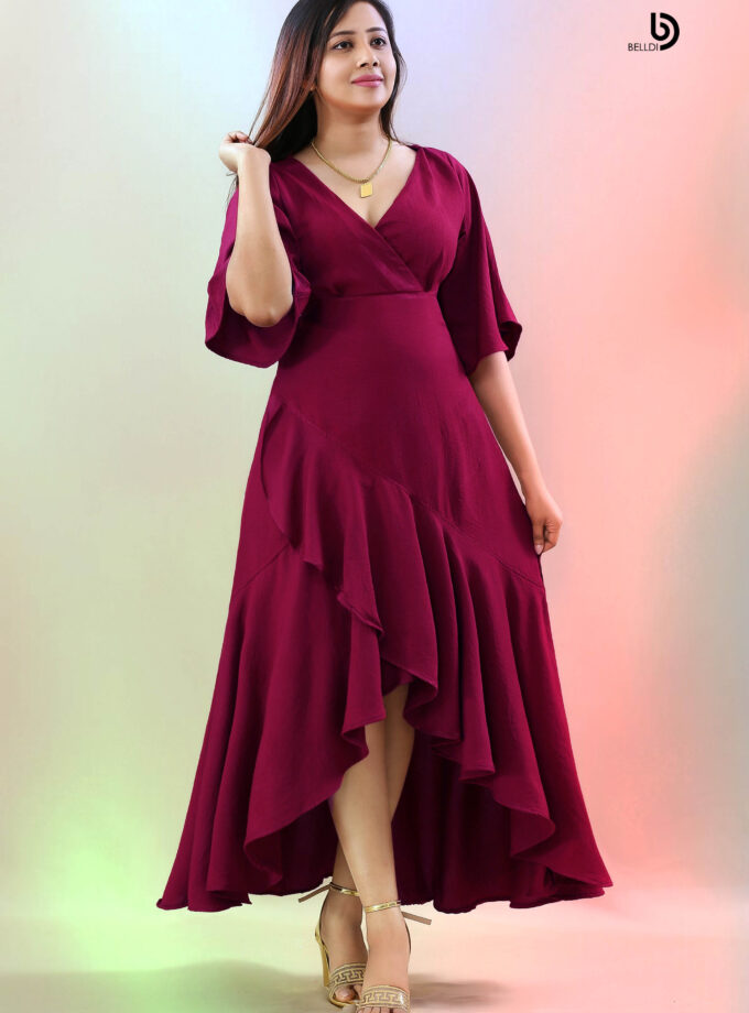 CROSS NECK SHORT SLEEVE LONG DRESS
