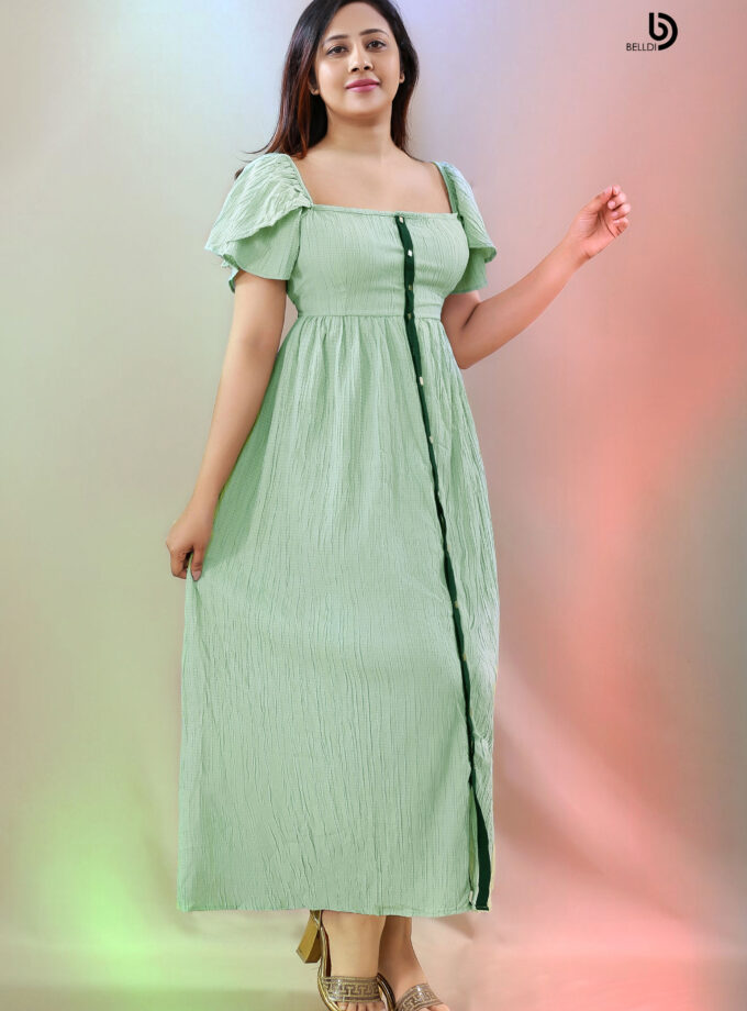 BUTTERFLY SLEEVE FRONT BUTTON LONG DRESS