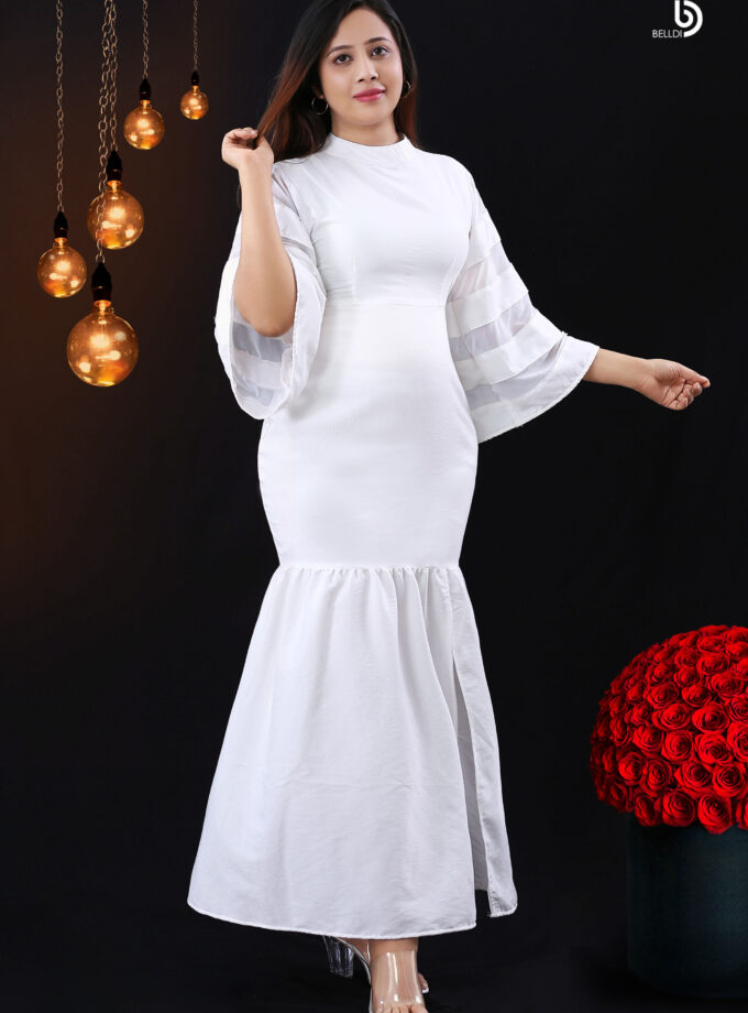HIGH NECK BUTTERFLY SLEEVE FISH TAIL LONG DRESS