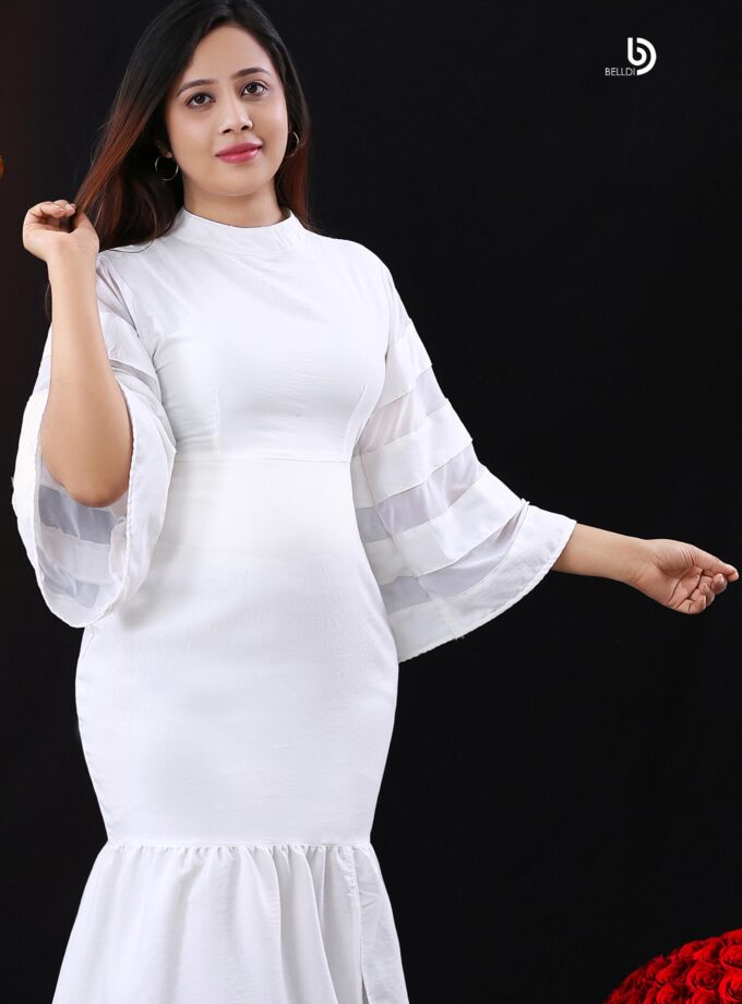 HIGH NECK BUTTERFLY SLEEVE FISH TAIL LONG DRESS