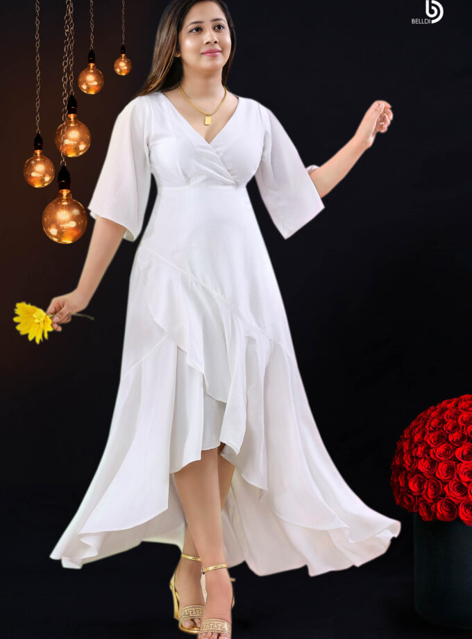 SHORT SLEEVE CROSS NECK LONG DRESS