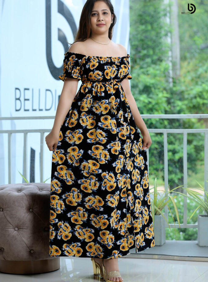 OFF SHOULDER SMOKED FLORAL LONG DRESS