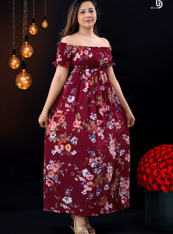 OFF SHOULDER SMOKED FLORAL LONG DRESS
