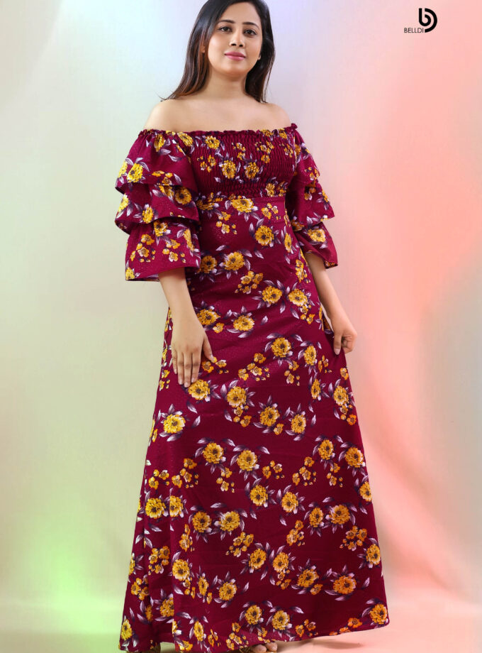 OFF SHOULDER SMOKED FLORAL LONG DRESS