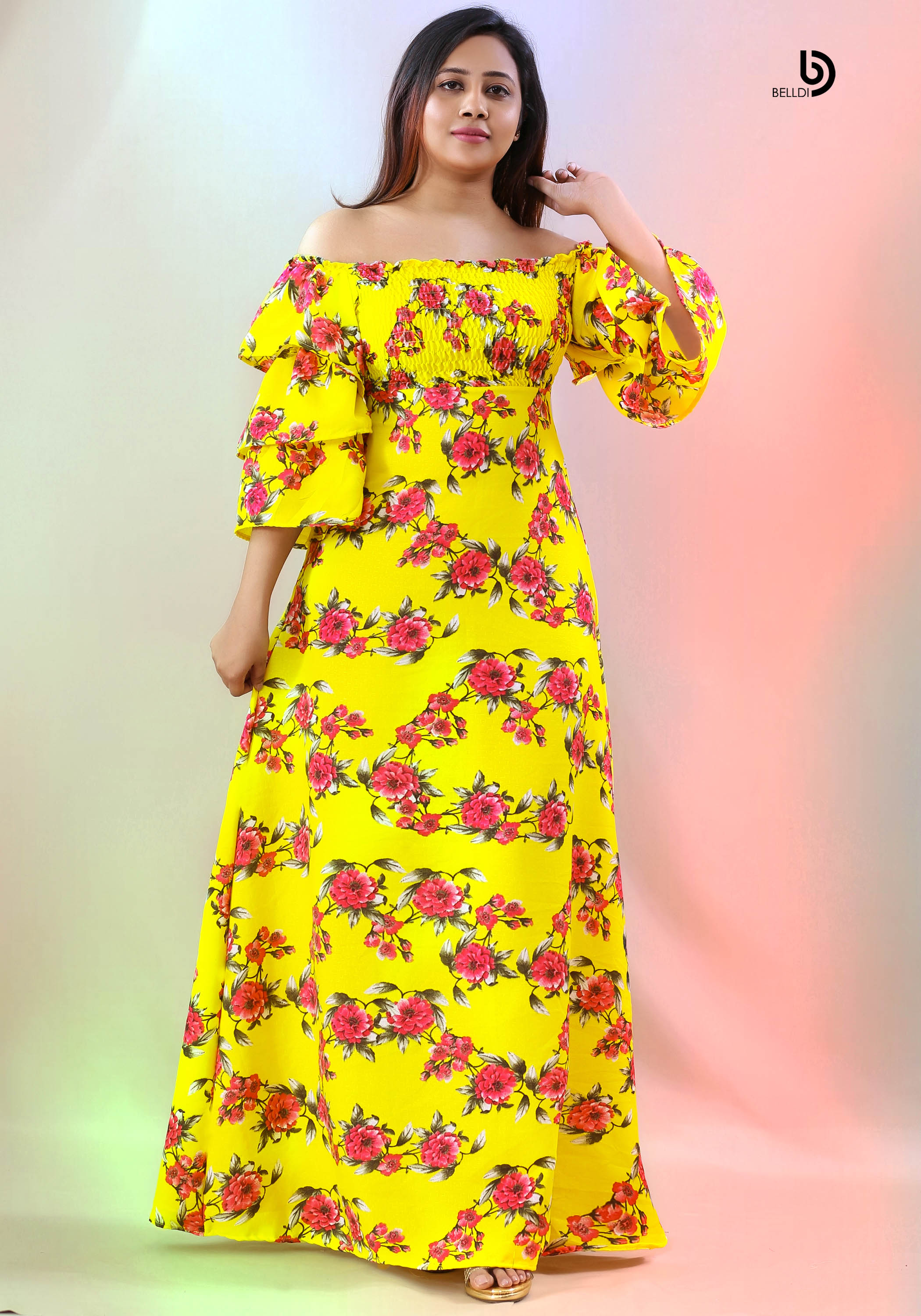OFF SHOULDER SMOKED FLORAL LONG DRESS