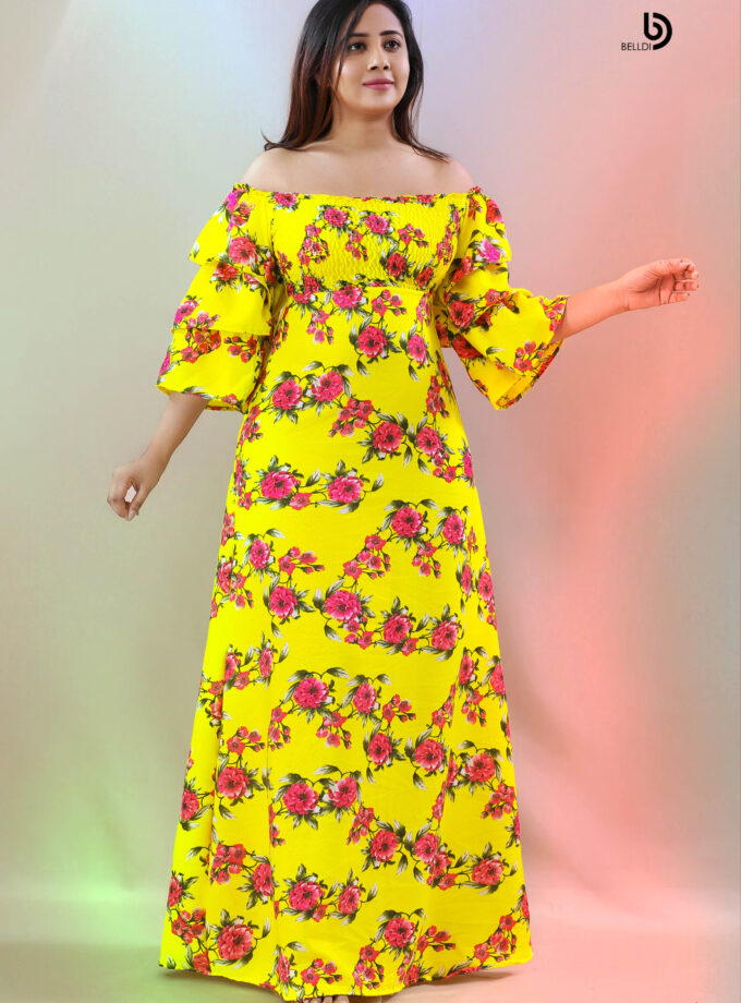 OFF SHOULDER SMOKED FLORAL LONG DRESS