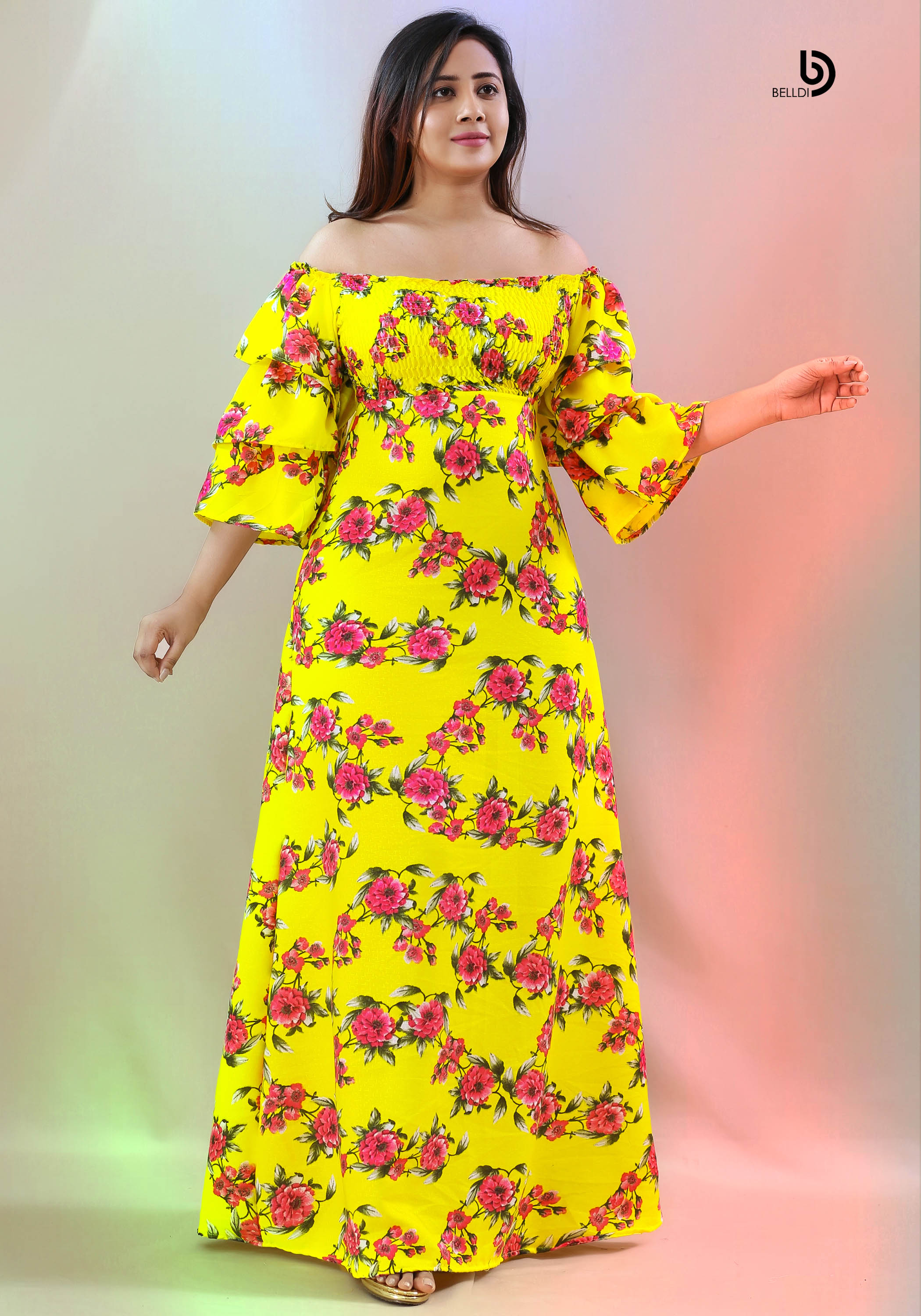 OFF SHOULDER SMOKED FLORAL LONG DRESS - Image 2