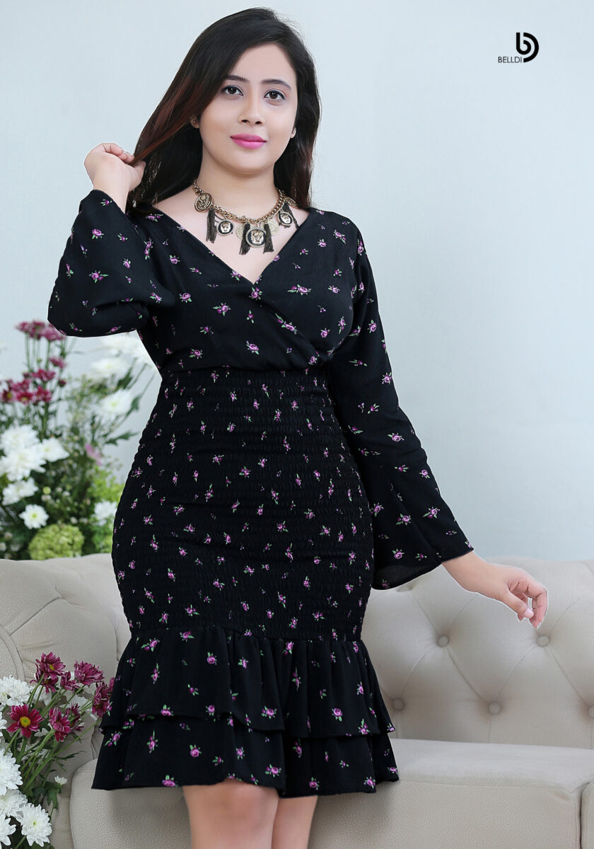 LONG SLEEVE CROSS NECK SHORT DRESS - Image 2