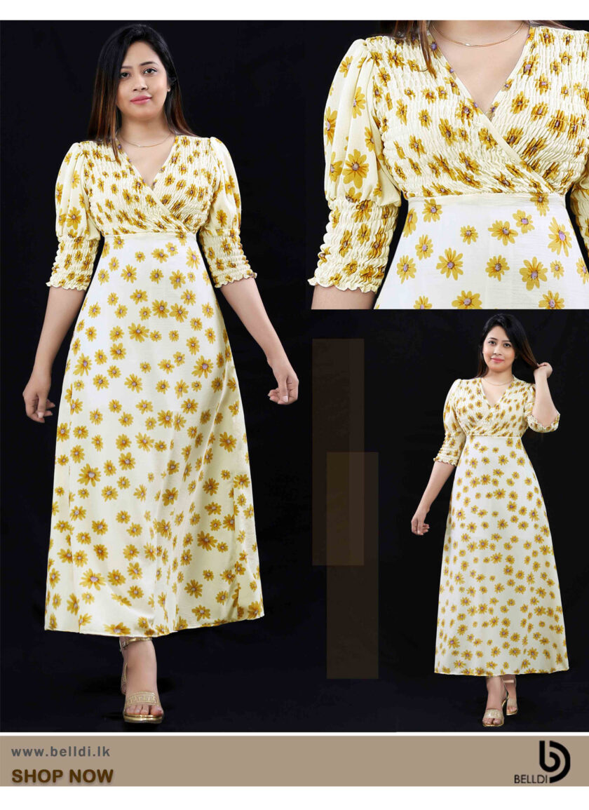 CROSS NECK FLORAL SHORT SLEEVE SMOKED LONG DRESS