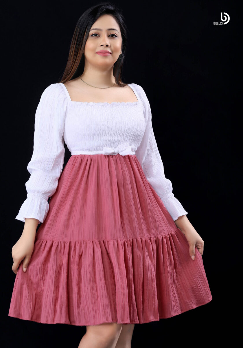 LONG PUFF SLEEVE SMOKED SHORT DRESS